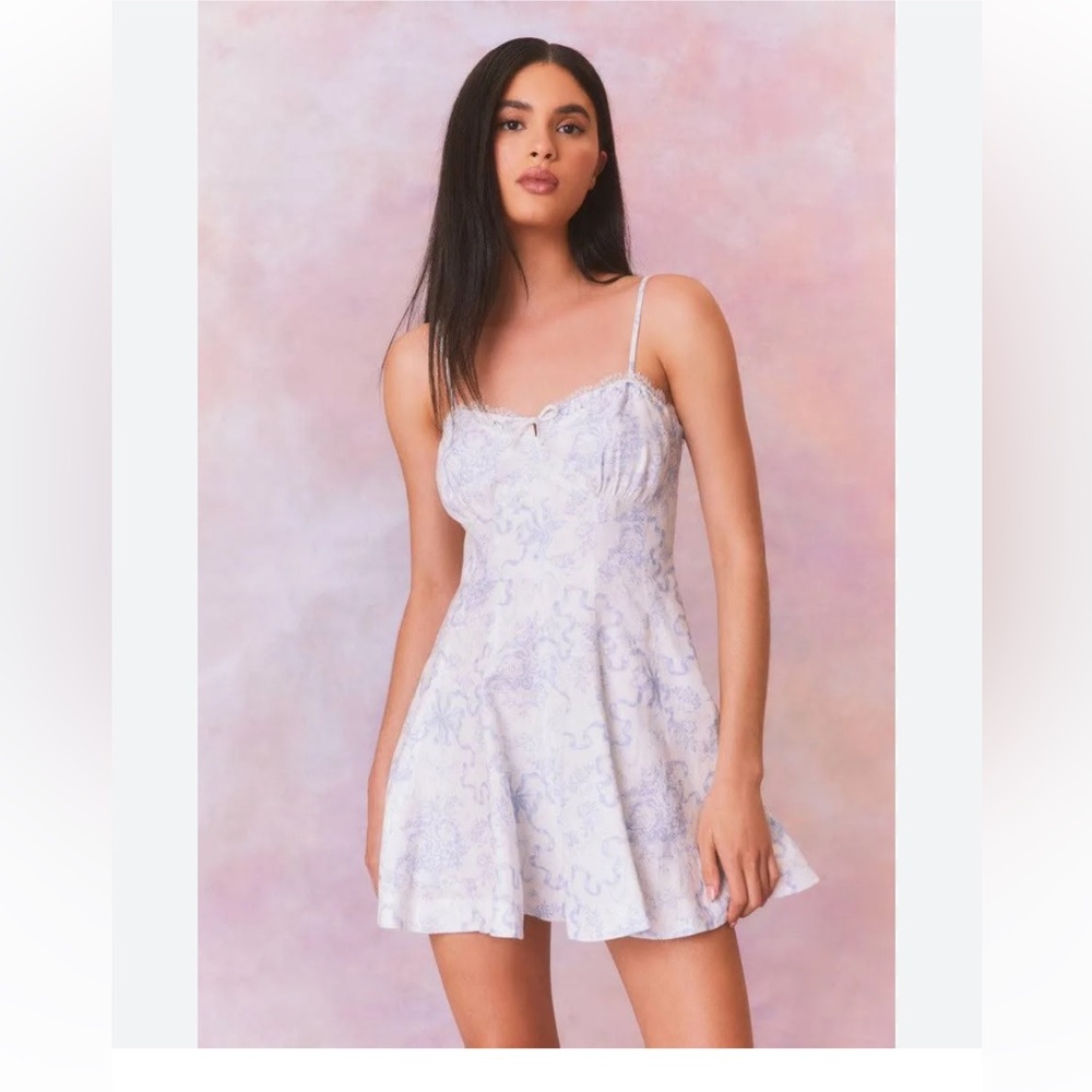 Loveshackfancy Shai Linen Bow Print Mini Dress Blissful Blue